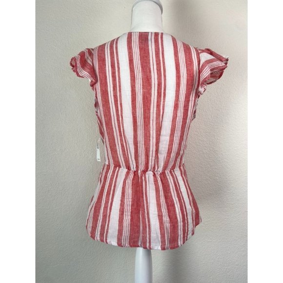 Old Navy women's small red white striped linen blend wrap ruffle cap sleeve top - Picture 3 of 7
